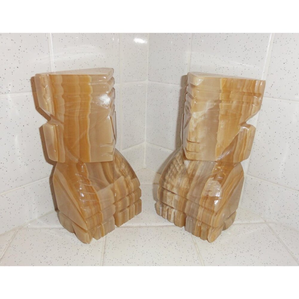 Vintage Hand Carved Onyx Aztec Totem Bookends Tiki statue Mayan mcm retro